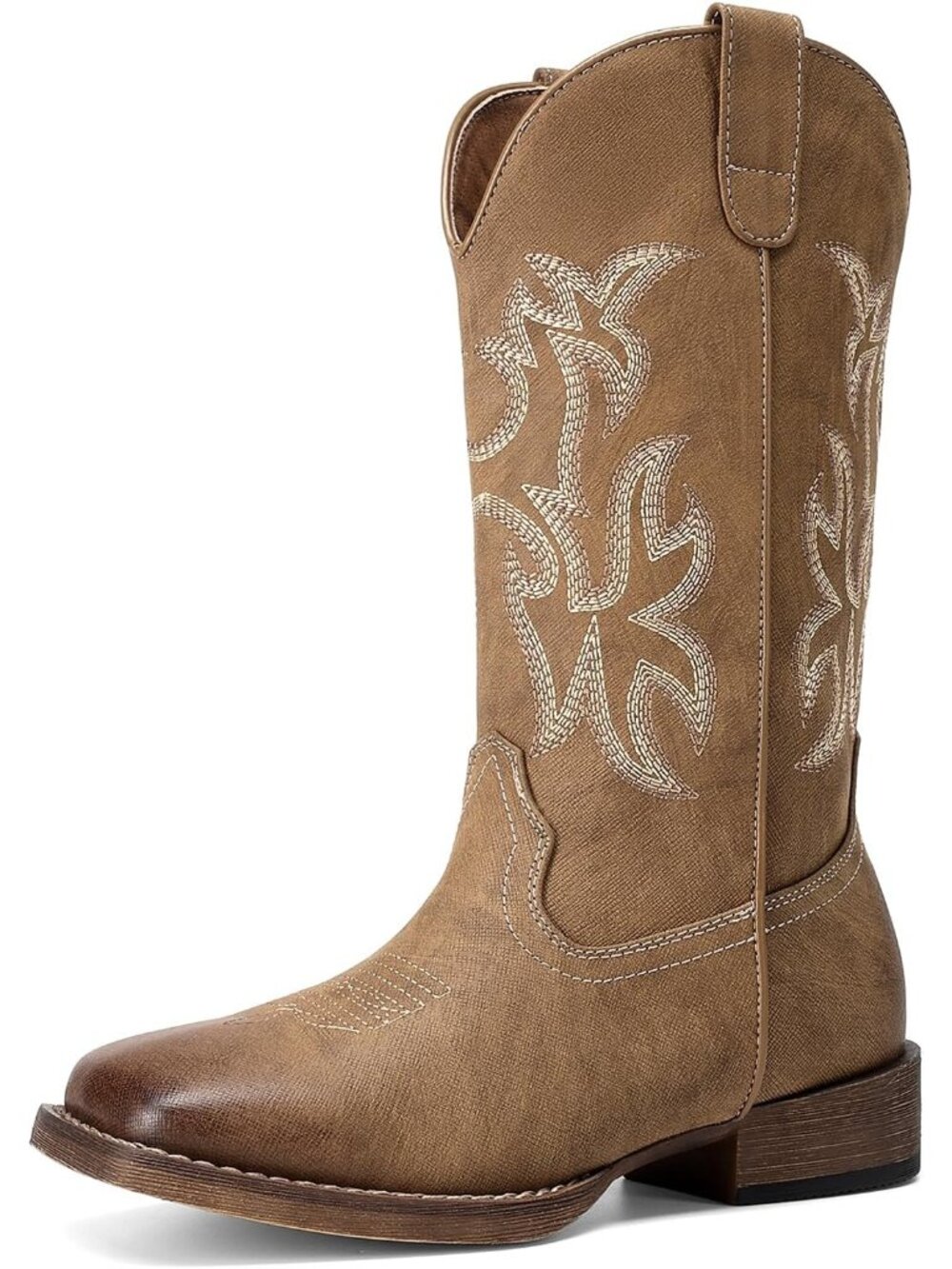 Women Tan Pull-On Square Toe Western Mid Calf Embroidered Stitched Retro Boots